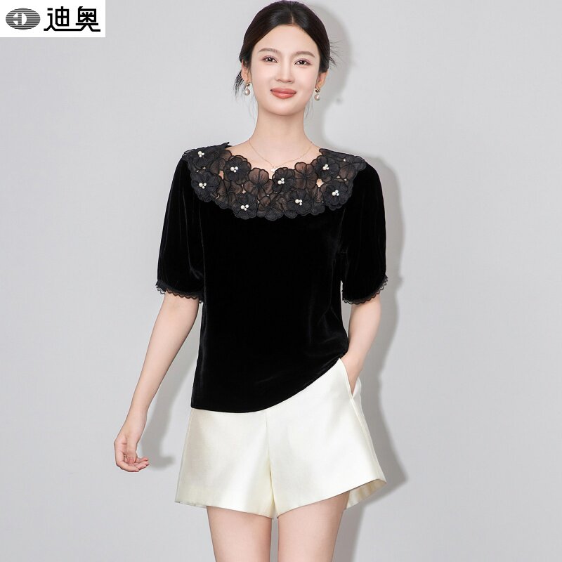 迪奥小众轻奢短袖女夏2026新款高级感花朵钉珠设计感气质名媛T恤