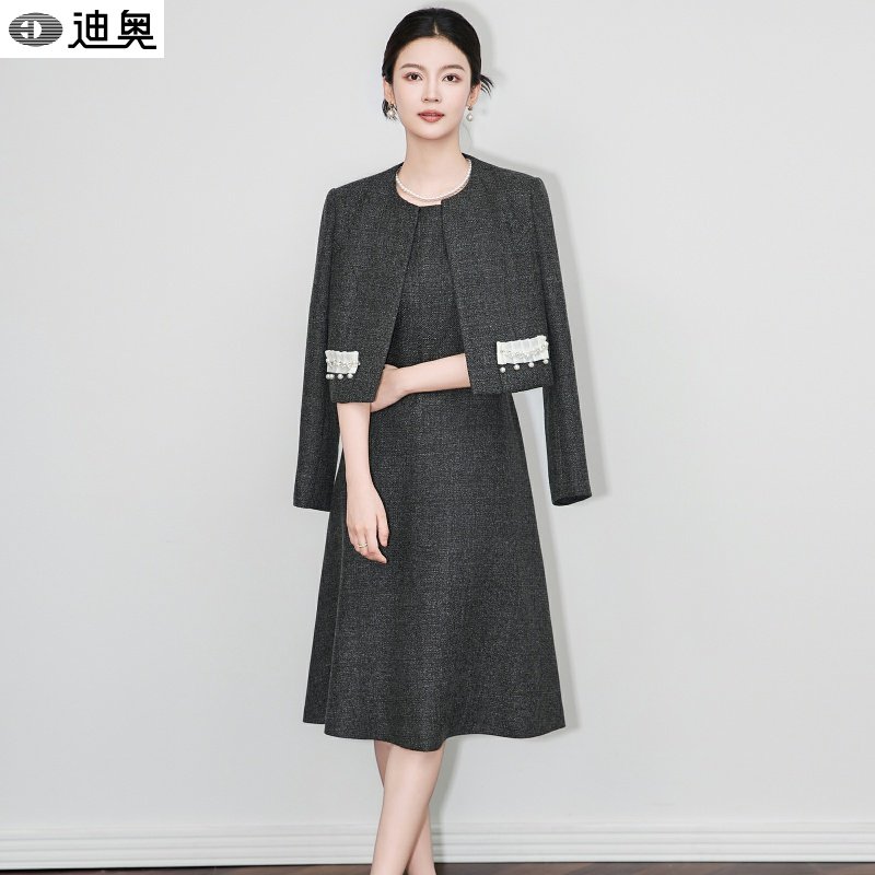 迪奥法式名媛风两件套装裙女26冬新款小香风外套+气质无袖连衣裙