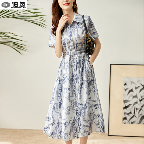 水墨画印花衬衫领连衣裙优雅气质