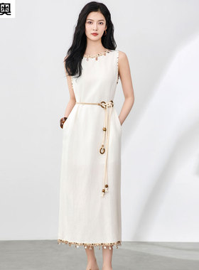 迪奥连衣裙女夏波西米亚度假风长裙26新款贝壳流苏天丝无袖A字裙
