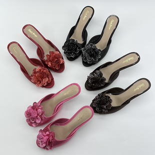 中跟拖鞋 露趾绸缎凉鞋 女5cm细跟大码 水钻花朵高跟鞋 女2025新款