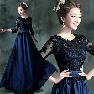 Blue black long sleeved bride wedding dinner will show host long dress