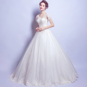 Crystal design lace shoulder Princess Bride wedding dress