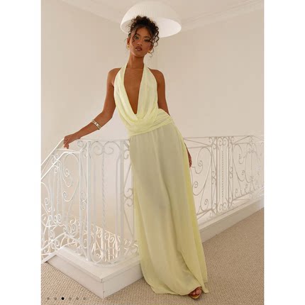 澳洲单PE纯欲风性感低胸V领褶皱挂脖露背绑带雪纺礼服长裙连衣裙