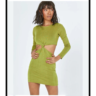 连衣裙A3 显瘦长袖 澳洲单PP小众设计性感辣妹扭结露腰修身