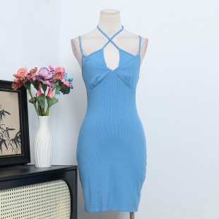 澳洲单小众设计性感辣妹纯色弹力修身 显瘦挂脖吊带连衣裙A3