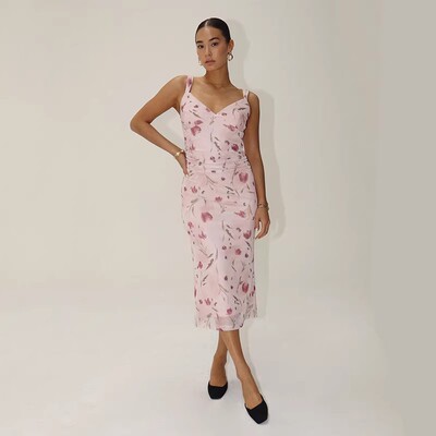 欧美单法式气质方领网纱碎花吊带连衣裙收腰显瘦海边度假风长裙女