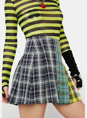 欧美单CUR@ENT M@OD小众设计款暗黑风拼色格子百褶半身裙高腰短裙