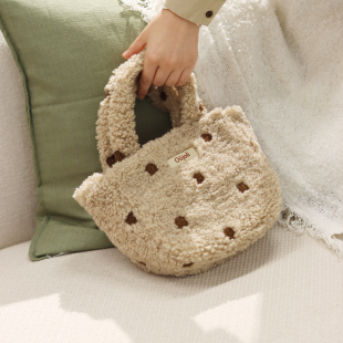 吾尤粒原创秋冬女新款 25泰迪毛绒毛毛包棕色波点包可爱温暖手提包