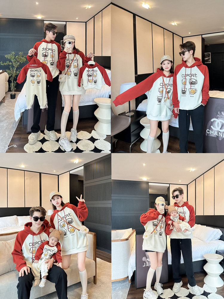 3 4인 가족을 위한 가을 겨울 친자복 엄마와 아이 엄마와 딸을 위한 대비되는 컬러의 후드 스웨트셔츠 벨벳 가족복