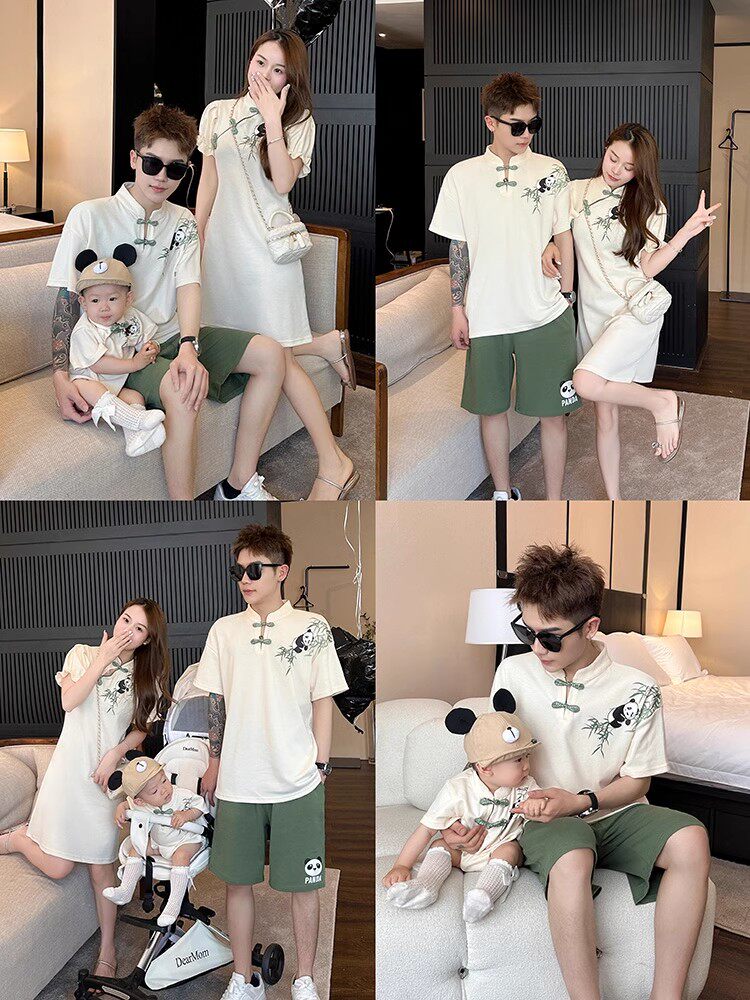 세 명의 가족을 위한 중국식 부모-자식 의류 여름 치파오 드레스 당나라 정장 반팔 티셔츠 어머니-딸  가족 의류