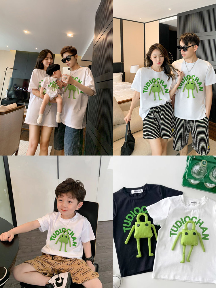炸街?子?夏?一家三口四口短袖T恤立?玩偶???怪趣味全家?