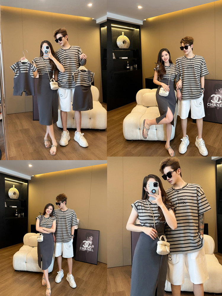 명절 친자복 여름옷 세줄무늬 모녀 반팔 티셔츠 페이크 투피스 드레스  가족복