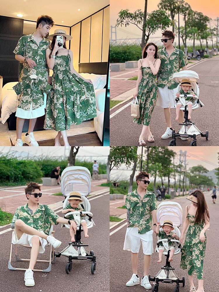 해변 휴가 해변 부모-자식 복장 여름 세 가족 꽃무늬 쉬폰 드레스 루즈한 셔츠 모녀 모자 복장