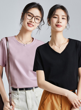 高端80支丝光棉短袖V领白色正肩t恤女2025新款冰丝棉修身打底上衣