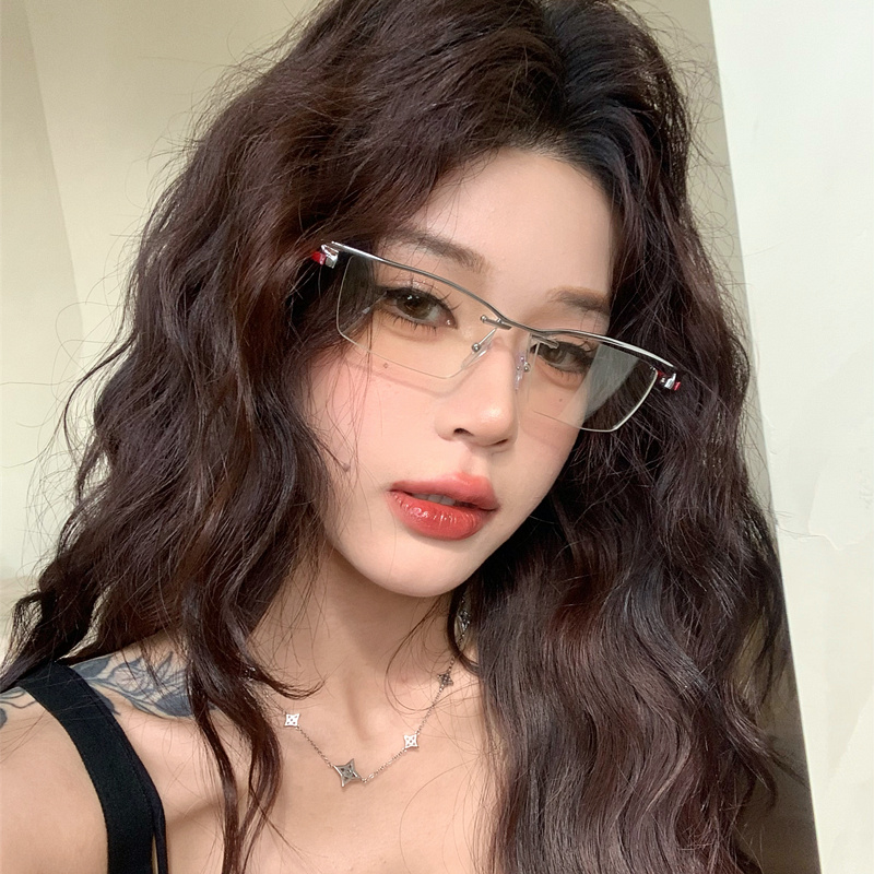 金属银色半框猫眼高智感眼镜女素颜方圆脸显瘦可配度数近视眼睛架