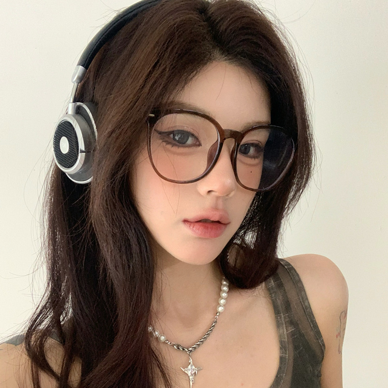韩版大框圆框冷茶色平光镜女素颜大脸显瘦装饰可配度数近视眼镜框