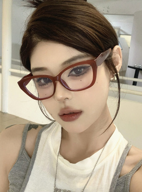 日系复古红色猫眼眼镜女方圆脸显瘦防蓝光可配度数近视韩版平光镜