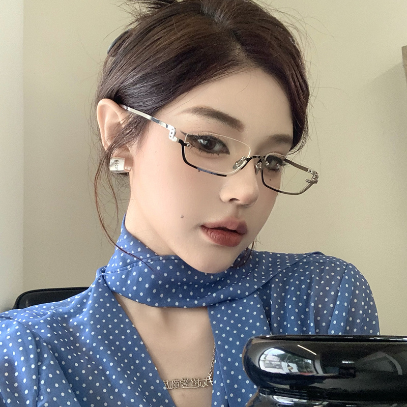 欧美个性时尚下半框方形银边平光镜女高级感复古配度数近视眼镜架