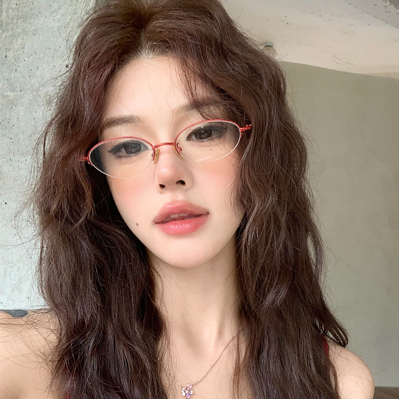 日系复古红色金属半框小脸眼镜女网红同款纯欲可配度数近视眼睛架