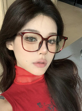 复古美式红色超轻眼镜框女可配度数近视大脸显瘦素颜方形平光镜架
