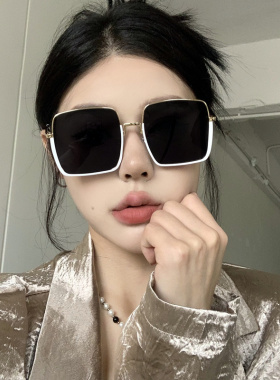 高级质感金属白色防晒墨镜女款方形圆脸显瘦防紫外线个性太阳镜潮