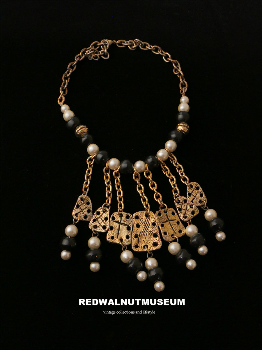 法产Jacky de G黑金珍珠镂空流苏中古项链