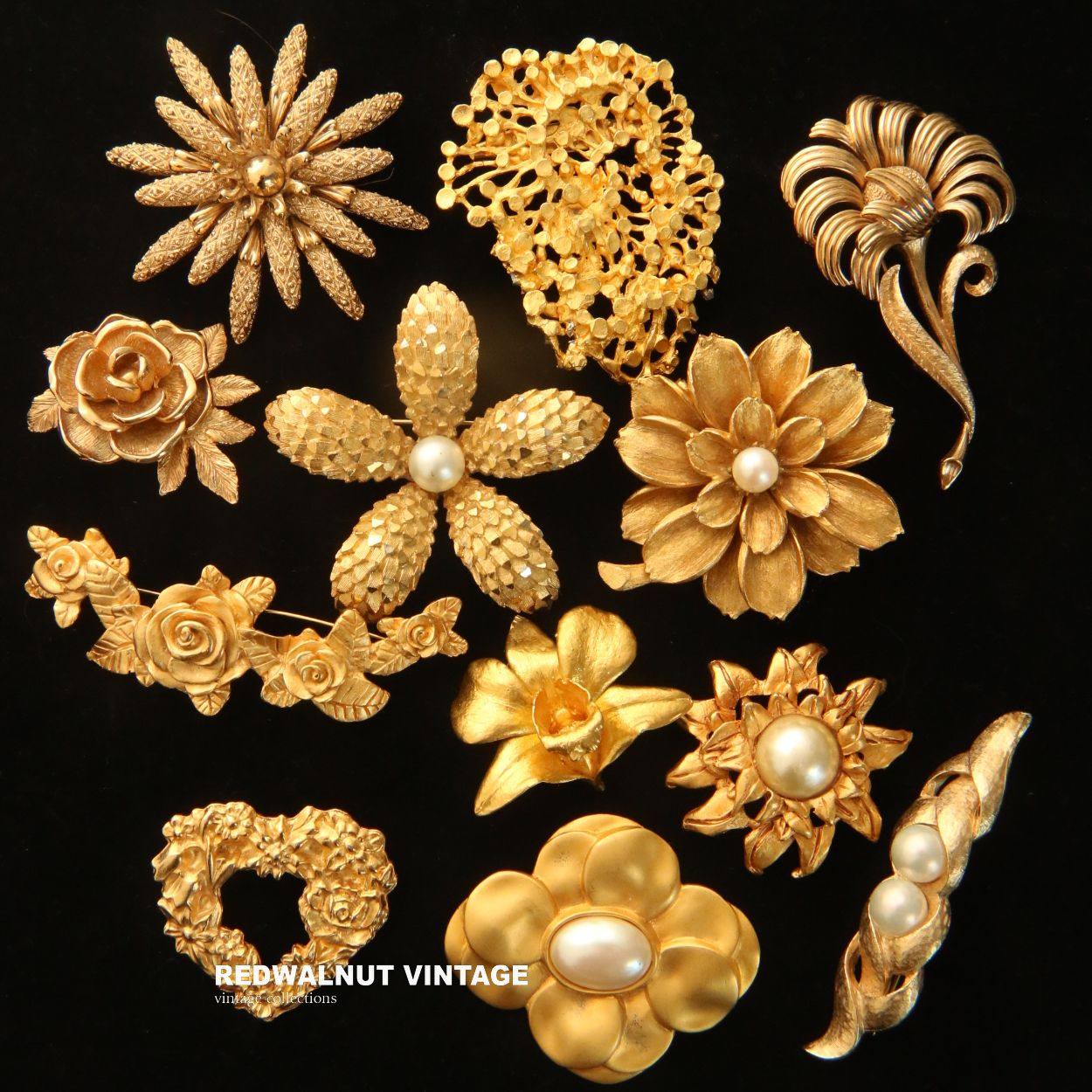 trifari金色珍珠花卉复古胸针