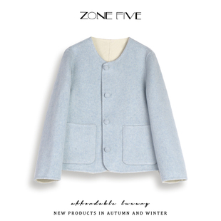 zonefive两面穿双面呢女小个子短款 宽松绵羊毛外套 秋冬大衣韩版
