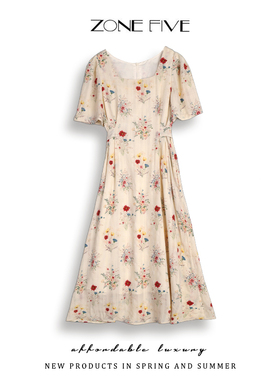 zonefive法式气质方领碎花显瘦中长款裙子 夏季A字裙伞裙连衣裙女