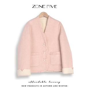 zonefive两面穿双面羊毛外套女新款 大衣 双面呢小个子蓝色韩系短款