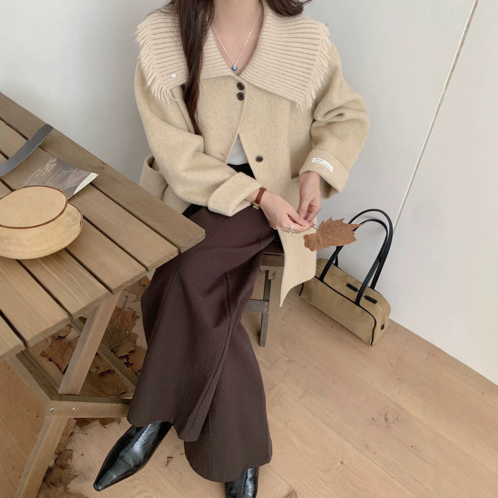 2026流行减龄针织领拼接双面羊毛大衣女韩版宽松中长款双面呢外套