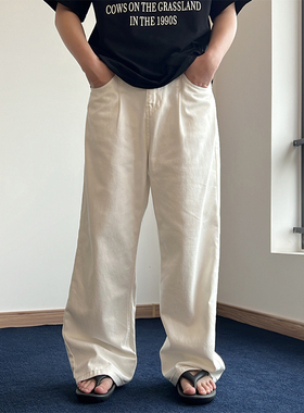 白色宽松直筒水洗牛仔裤阔腿2022夏季新款男女简约潮百搭复古长裤