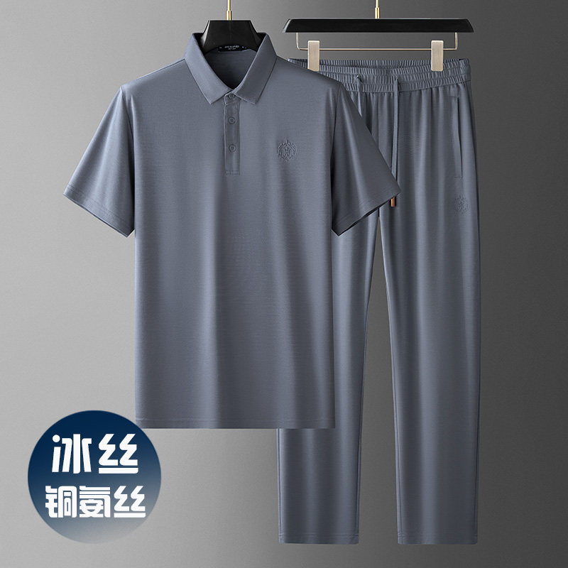 2025新款铜氨丝休闲运动套装男夏季宽松中年爸爸男士冰丝两件套