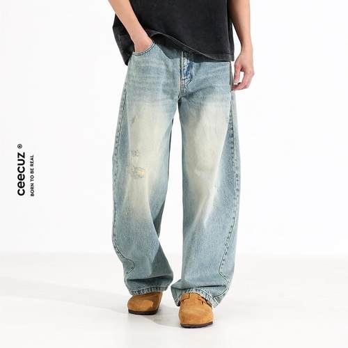 Ceecuz设计感水洗破洞弯刀牛仔裤男美式复古宽松阔腿休闲廓形长裤