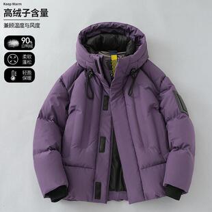 时尚压印高充绒量羽绒服男潮牌冬季加厚高端鸭绒保暖短款连帽外套