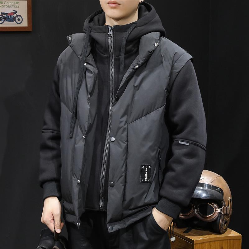 冬季新款男士羽绒服卫衣连帽假两件装宽松潮牌加厚青少年短款外套