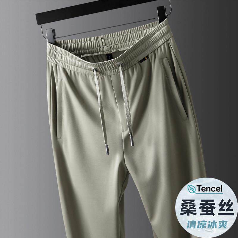精品桑蚕丝男裤夏季薄款休闲裤男士运动裤宽松直筒中年免烫裤子男