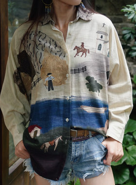 油画风手工印花文艺清新衬衫女宽松休闲显瘦春秋季新款上衣