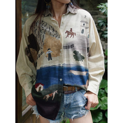 油画风手工印花文艺清新衬衫女宽松休闲显瘦春秋季新款上衣