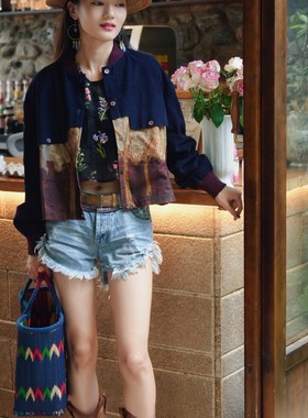 油画风复古手工印花拼接宽松休闲短外套女春秋季新款显瘦复古