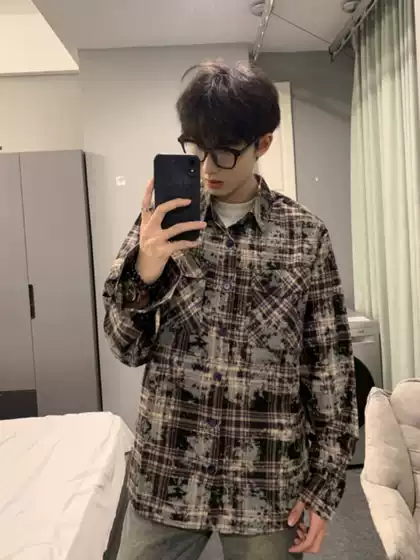 Vintage Washed Heavy Plaid Long-Sleeve Shirt for Men – Grunge Oversized Flannel Jacket with Tie-Dye