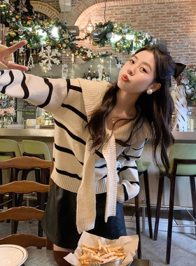 学院风假两件条纹针织衫女秋冬新款韩系减龄披肩毛衣外穿洋气上衣