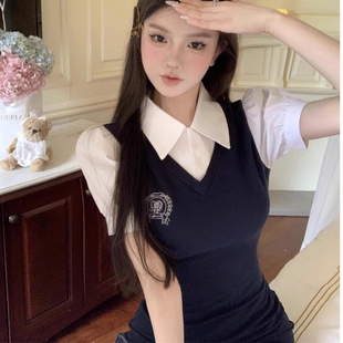 学院风假两件Polo领泡泡袖连衣裙女夏季收腰拼接包臀短裙辣妹裙子