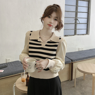 显瘦短款 套头毛衣修身 上衣 女秋冬长袖 拼接假两件polo领条纹针织衫