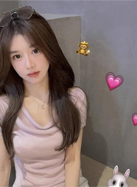 紫色法式气质荡领短袖针织衫女夏修身纯欲风辣妹褶皱锁骨显瘦上衣