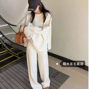韩版软糯慵懒风针织套装秋冬新款温柔圆领套头毛衣阔腿裤两件套女