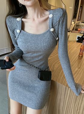 秋冬加厚复古方领针织连衣裙辣妹紧身收腰内搭长袖打底包臀裙女潮