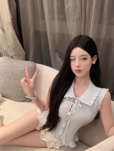 小众设计感小翻领上衣 背心气质短款 小香风夏季 荷叶边冰丝针织无袖