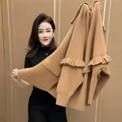 2025秋冬季新款双面羊绒毛呢外套短款翻领洋气木耳边开衫女士上衣